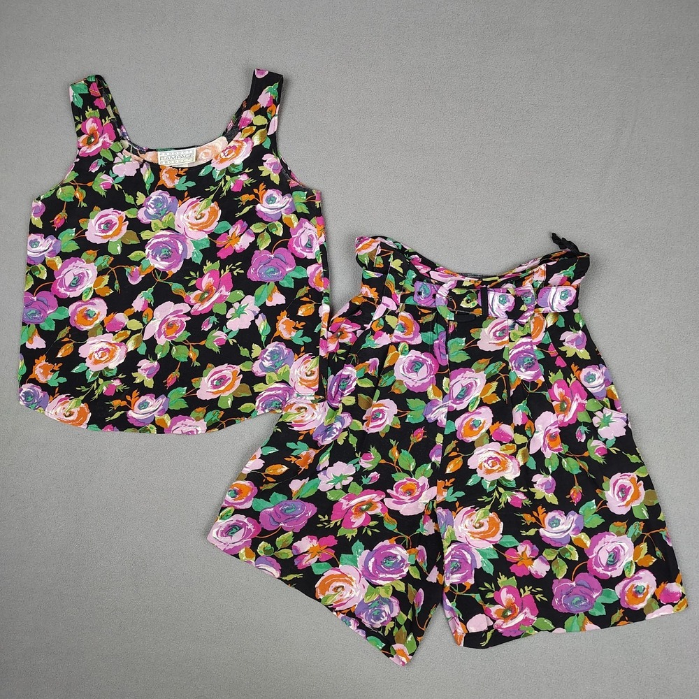 Vintage RAMPAGE Tank Shorts Set Size S/M Floral Belt Vibrant Art To Wear USA 90s